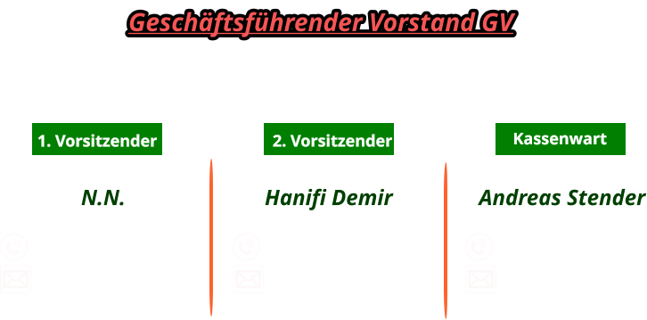 1. Vorsitzender 2. Vorsitzender Kassenwart N.N.              Hanifi Demir                Andreas Stender              0160-4879680   Geschäftsführender Vorstand GV